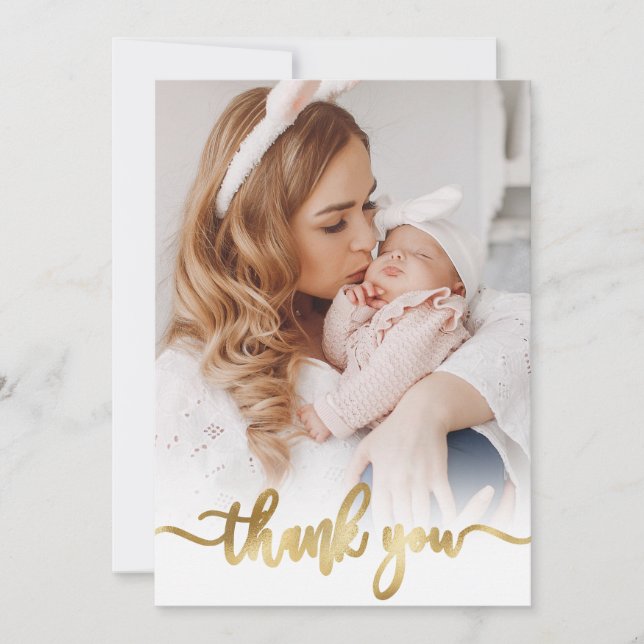 Modern Gold Script Newborn Baby Photo Thank You (Front)