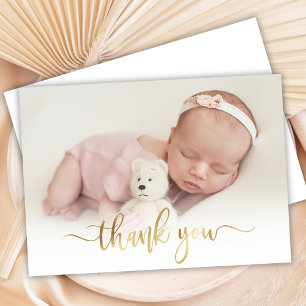 Modern Gold Script Newborn Baby Photo Thank You Card