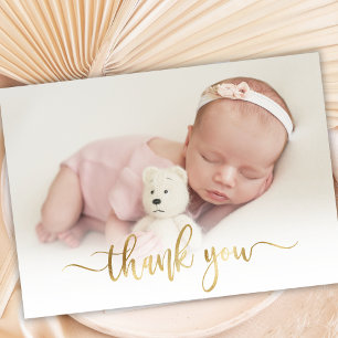 Modern Gold Script Newborn Baby Photo Thank You  Postcard