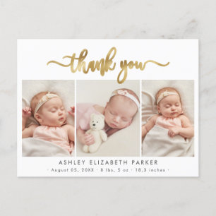 Modern Gold Script Newborn Photo Collage Thank You Postcard