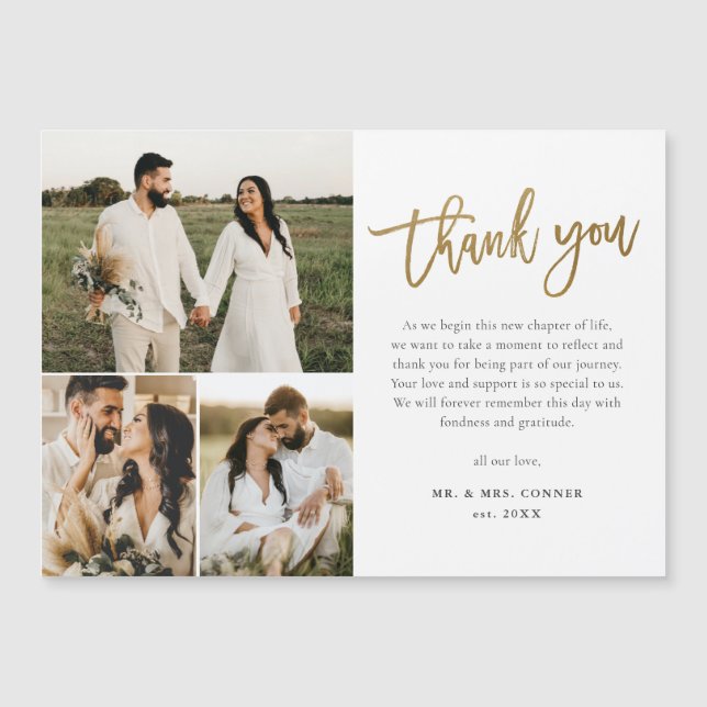 Modern Gold Script Photo Collage Wedding Thank You (Front)