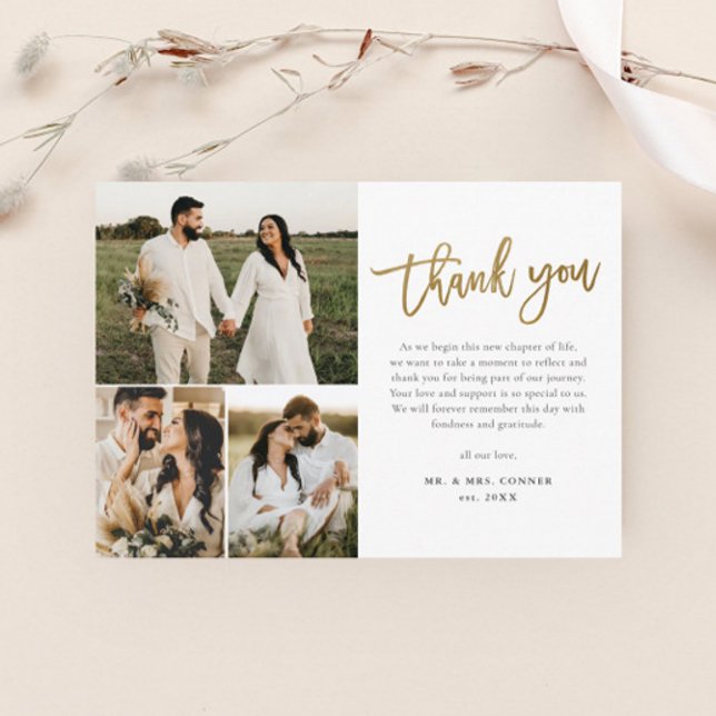 Modern Gold Script Photo Collage Wedding Thank You Card (Creator Uploaded)