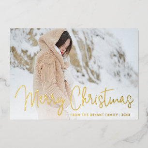 Modern Gold Script Photo Elegant Christmas Foil Holiday Card