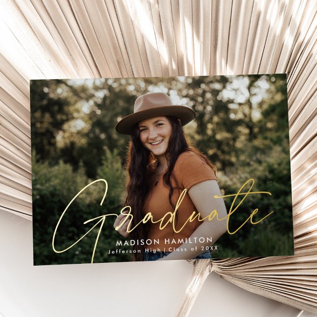 Modern Gold Script Photo Graduation Announcement (Creator Uploaded)