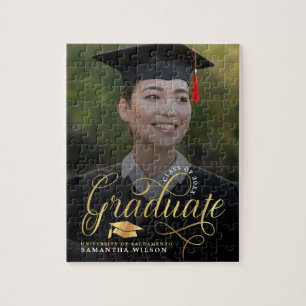 Modern Gold Script Photo Graduation Announcement Jigsaw Puzzle