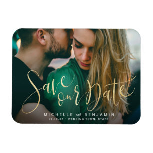 Modern gold script photo wedding save the date magnet