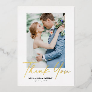 Modern Gold Script Photo Wedding Thank You Card