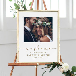 Modern Gold Script Photo Wedding Welcome Sign