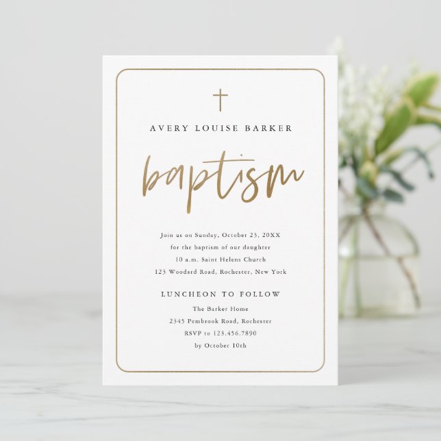 Modern Gold Script Religious Baptism  Invitation (Standing Front)