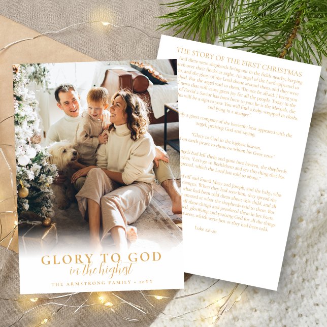 Modern Gold Script Religious Christmas Photo Holiday Card (Modern religious Christmas card in gold and white with photo and story of first Christmas on back)