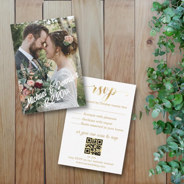 modern gold script rsvp wedding photo qr code card (Creator Uploaded)