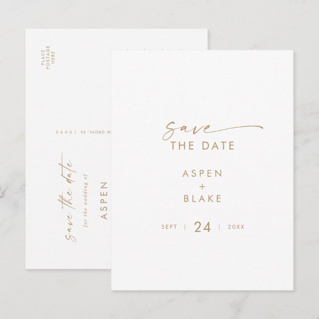 Modern Gold Script Save the Date Invitation Postcard (Front/Back)