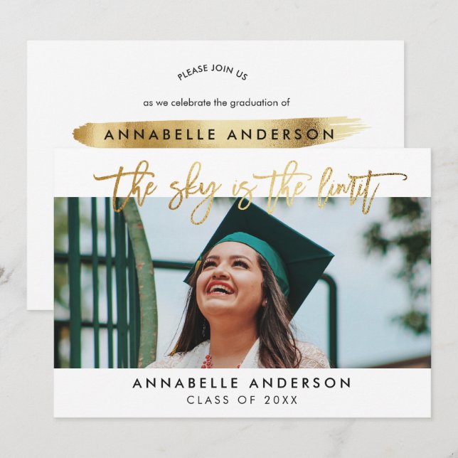 Modern Gold Script Sky is the Limit Graduation Invitation (Front/Back)
