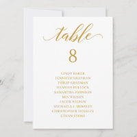 Modern Gold Script Table Number Seating Chart