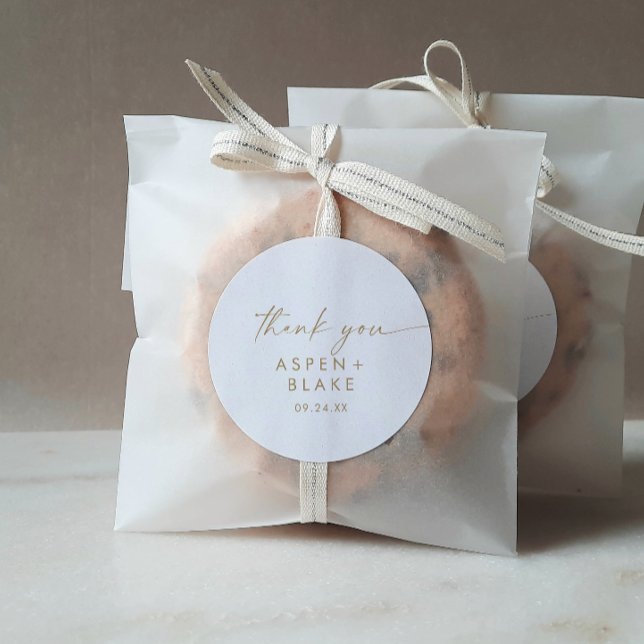 Modern Gold Script Thank You Wedding Favour Sticke Classic Round Sticker (Creator Uploaded)