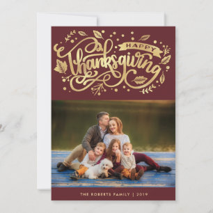 Modern gold script thanksgiving photo card