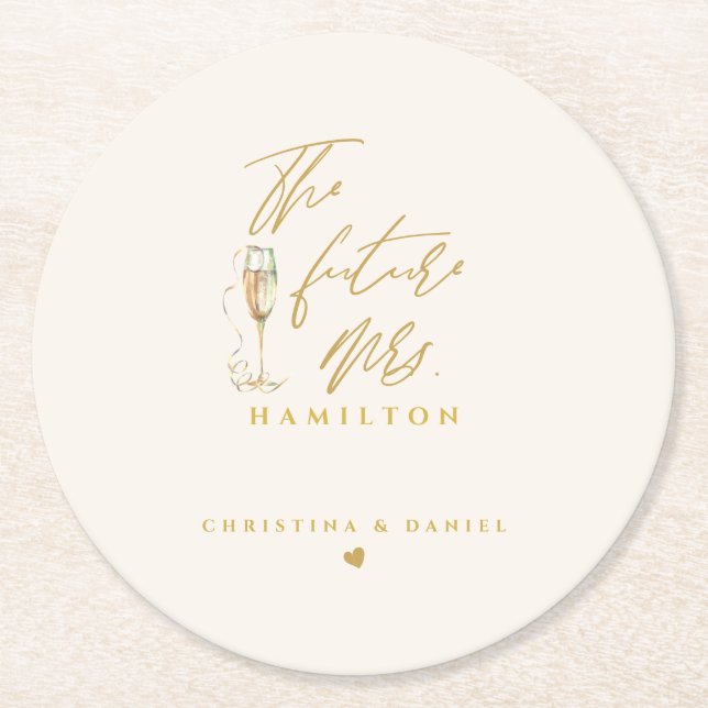 Modern Gold Script Typography Wedding Round Paper Coaster (Front)
