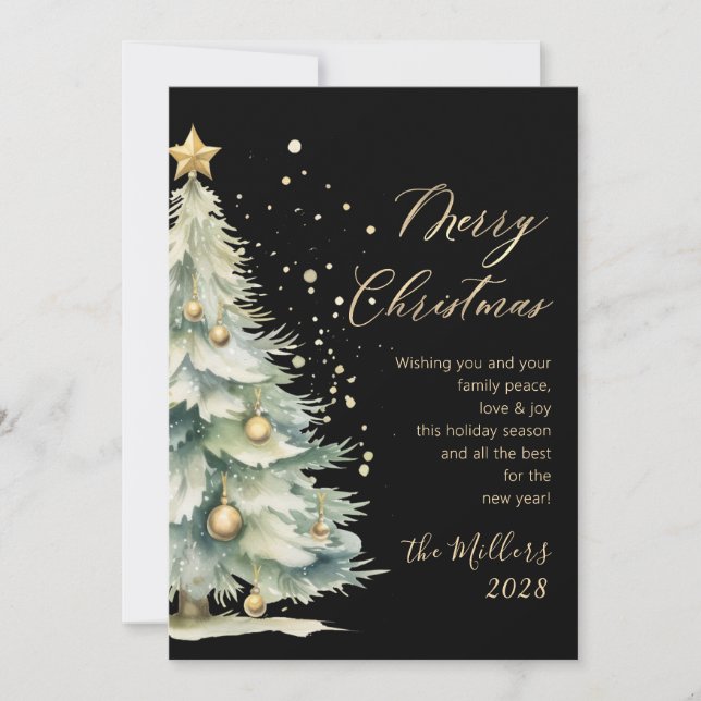 Modern Gold Script Watercolor Christmas Tree Black Holiday Card (Front)