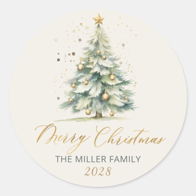 Modern Gold Script Watercolor Christmas Tree  Classic Round Sticker (Front)