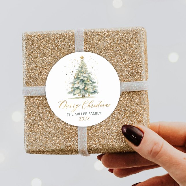 Modern Gold Script Watercolor Christmas Tree  Classic Round Sticker (Creator Uploaded)