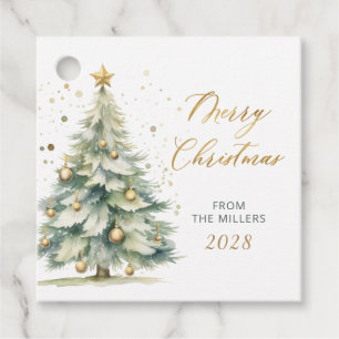 Modern Gold Script Watercolor Christmas Tree  Favour Tags