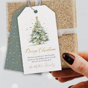 Modern Gold Script Watercolor Christmas Tree Gift Tags