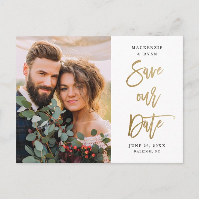 Modern Gold Script Wedding Photo  Save The Date Announcement Postcard (Front)