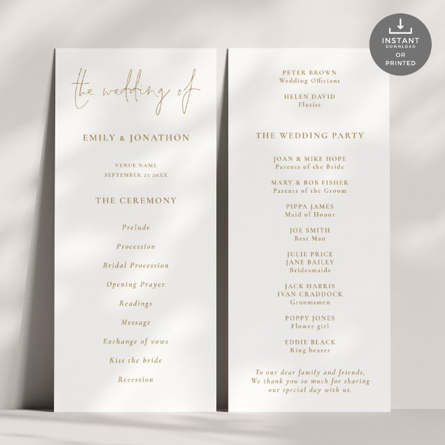 Modern Gold Script Wedding Program (Front and back view)