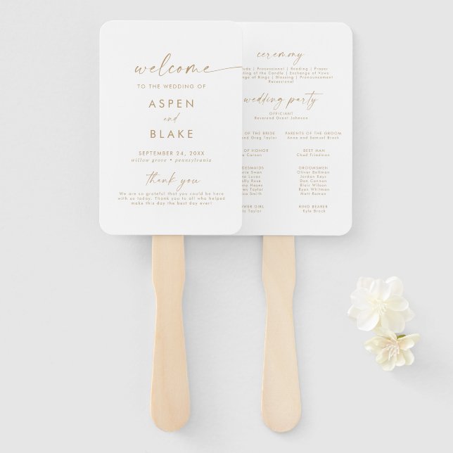 Modern Gold Script Wedding Program Hand Fan (Front and Back)