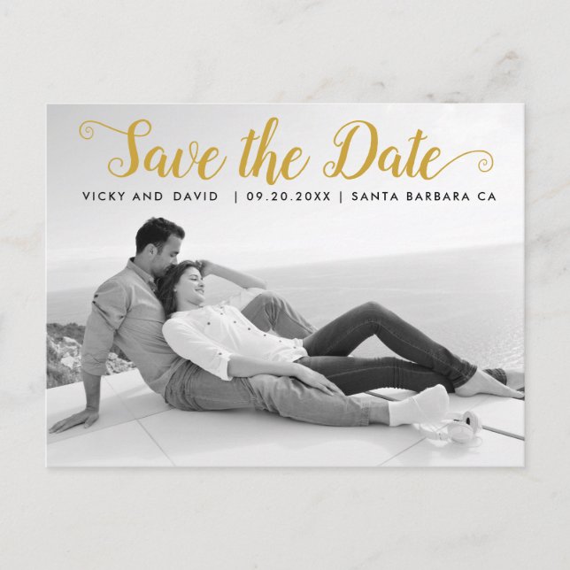 Modern gold script wedding Save the Date photo Postcard (Front)