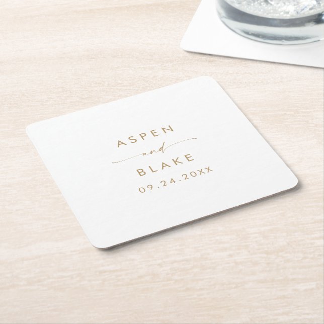 Modern Gold Script Wedding Square Paper Coaster (Angled)