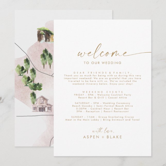 Modern Gold Script Welcome Letter Itinerary & Map (Front/Back)