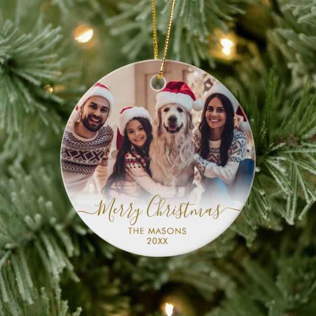 Modern Gold Script White2 Photo Merry Christmas  Ceramic Ornament (Tree)