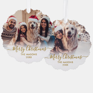 Modern Gold Script White 2 Family Photo Christmas Ornament Card
