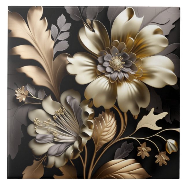 Modern gold silver flowers ceramic tile (Front)