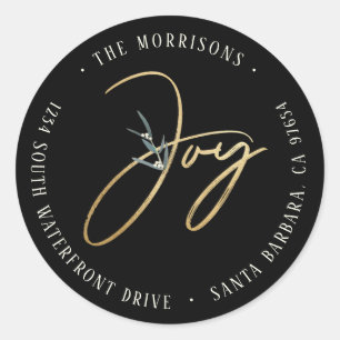Modern Gold Simple Joy Black Return Address Classic Round Sticker