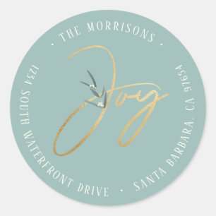 Modern Gold Simple Joy Sage Green Return Address Classic Round Sticker