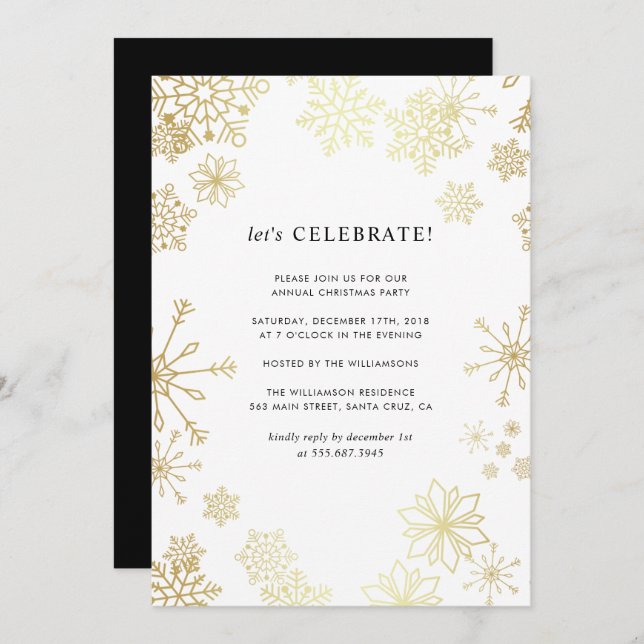 Modern Gold Snowflakes Christmas Party Invitation (Front/Back)