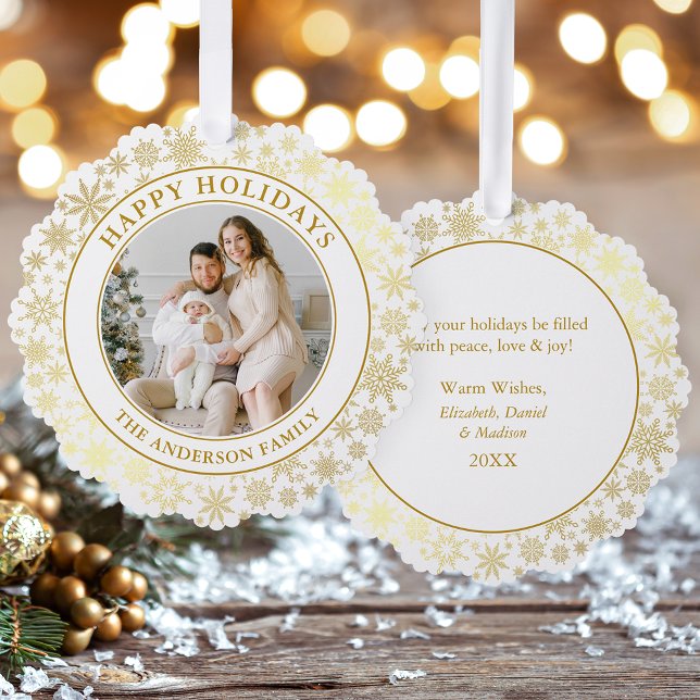 Modern Gold Snowflakes Happy Holidays Photo Ornament Card (A greeting card that is also an ornament! Customize with your photo and personalized text.)