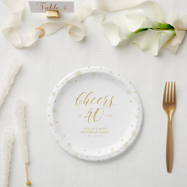 Modern Gold Sparkle & Cheers 40th Birthday Party Paper Plate (Wedding)