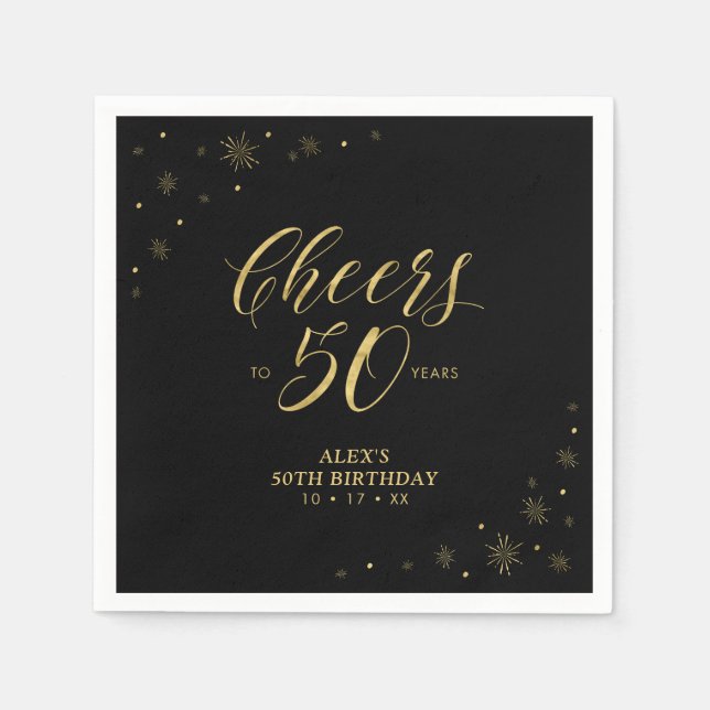 Modern Gold Sparkle & Cheers 50th Birthday Party Napkin (Front)