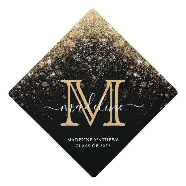 Modern Gold Sparkle Glitter Monogram Script Graduation Cap Topper (Front)
