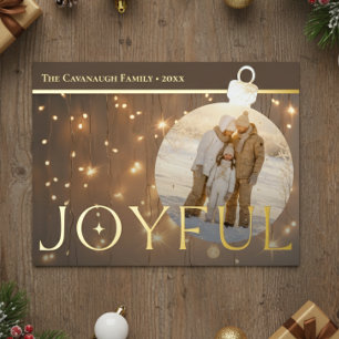 Modern Gold Sparkle Lights Joyful Bulb Photo Foil Foil Holiday Postcard