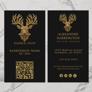 Modern Gold Stag Master Barber Shop Logo Qr Code Business Card
