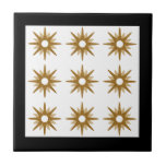 Modern Gold Starburst Pattern | Black Tile<br><div class="desc">Modern design featuring vintage pattern of retro gold starbursts on a white background, framed in black. Simple, clean modern design. One design in a coordinating collection. Create your own custom pattern by uploading a new image, or use the "message" button for help. To create your own patterned design: 1. Select...</div>