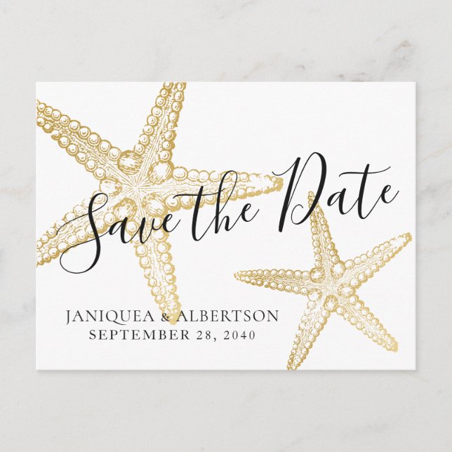 Modern Gold Starfish Save the Date Postcard (Front)