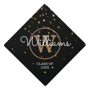 Modern Gold Stars Monogram Script Name Graduation Cap Topper