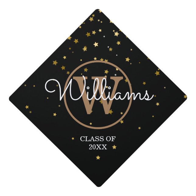 Modern Gold Stars Monogram Script Name Graduation Graduation Cap Topper (Front)