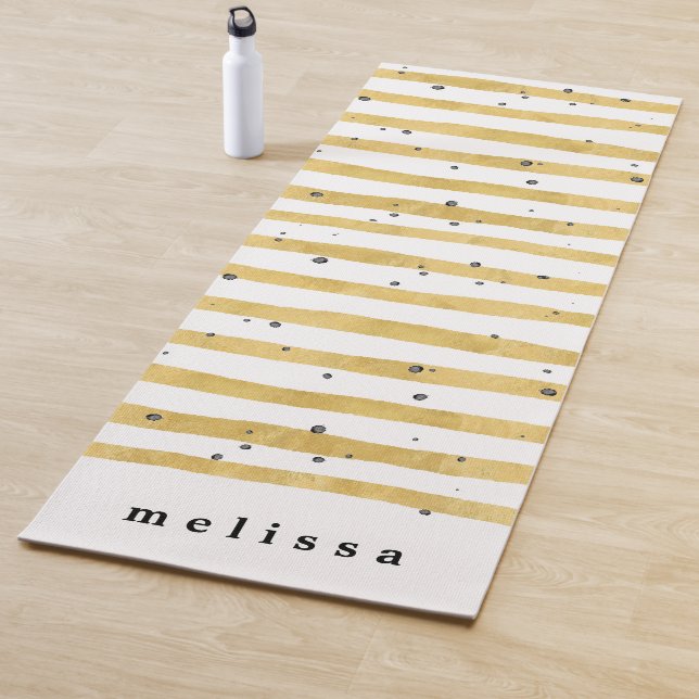 Modern Gold Striped & Black Dots Monogram Yoga Mat (In Situ)