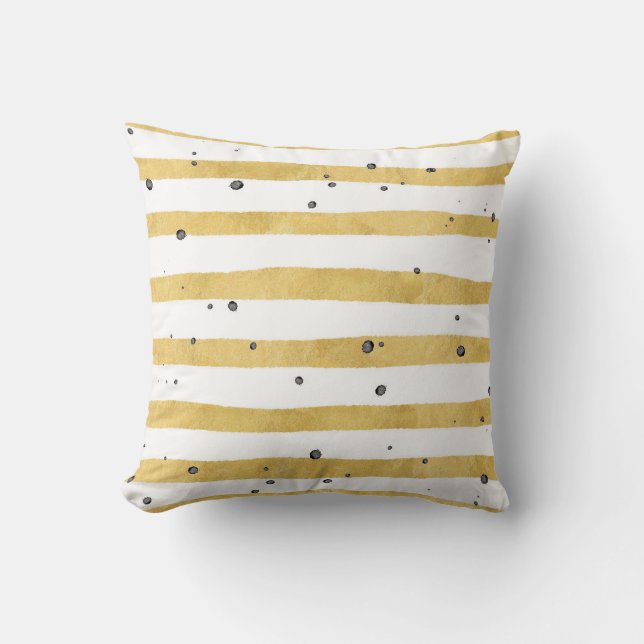 Modern Gold Striped & Black Dots Throw Pillow (Front)